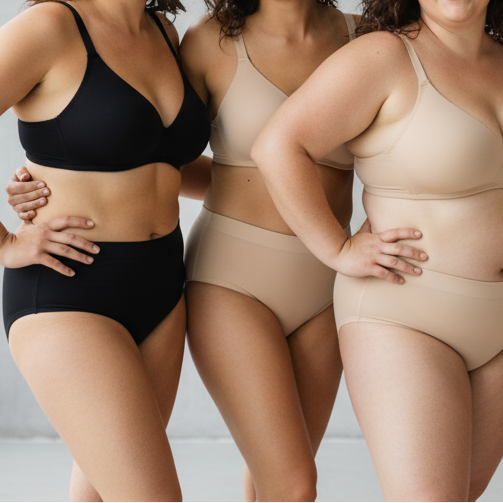 Made for real life – From XS to 4XL, designed for every body, show deifferent size models with different skin collor and wearing the different bras like brlak, nude, wihite, coffee etc  and smiling so coffident